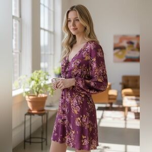 Free People Women Morning Light Floral Print Ruched Dress Purple/Pink/Golds SZ 6